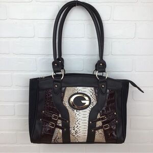 Shoulder bag black brown white snake pattern contemporary lightweight vegan purs